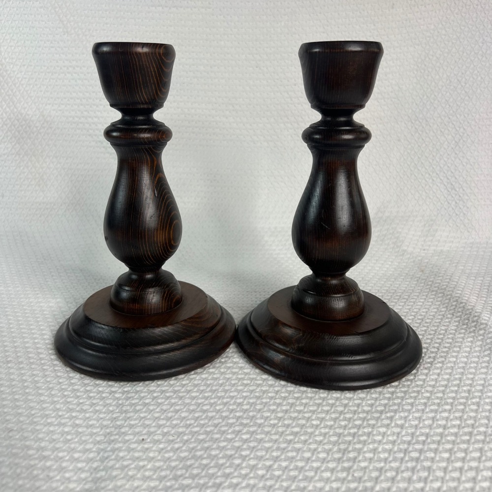 Vintage Dark Brown Turned Wood Taper Candlestick Holders 8 in Set of 2 MCM